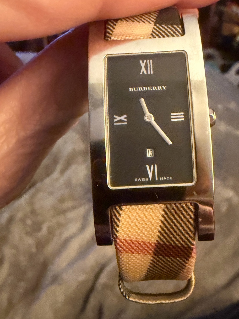 Burberry Silver Case Leather Strap Rectangular Watch